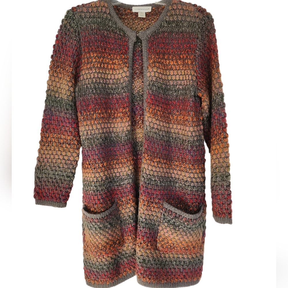 Christopher & Banks  Orange Gray Chunky Knit Long Open Front Cardigan SZ Med